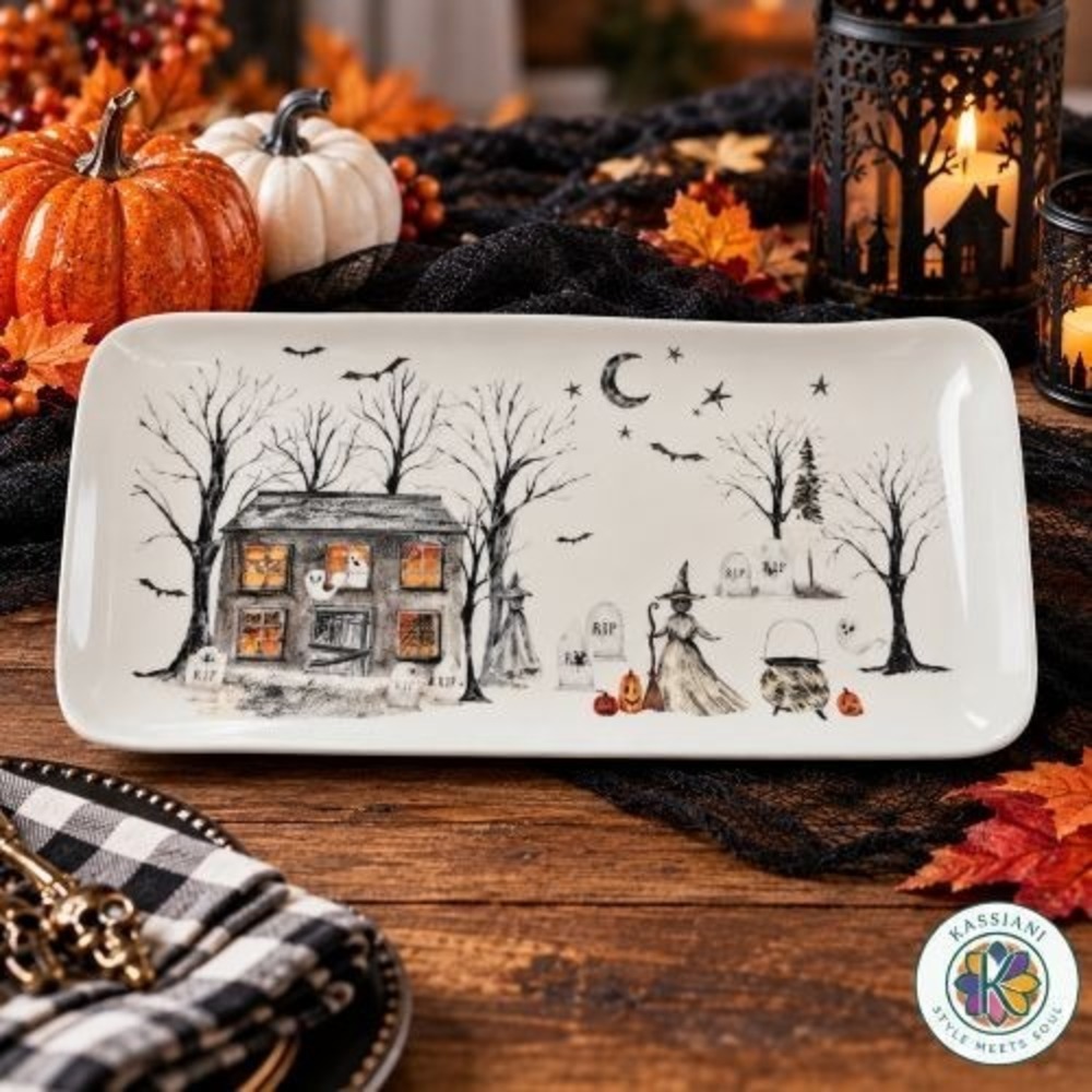 Potter's Studio Midnight Haunted House Halloween Ceramic Serving Platter 14"